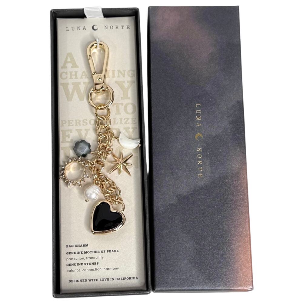 Luna Norte Mother Of Pearl Bag Charm Key Ring Clip Genuine Stone Moon Star Gold - Picture 8 of 8